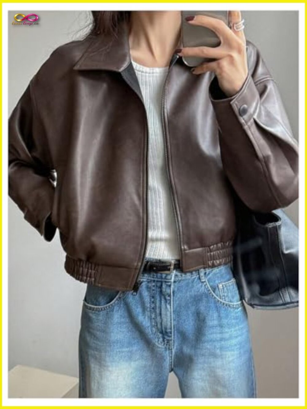 Faux Leather Zip Up Jacket Vintage Collared Long Sleeve Motorcycle Jacket - Picture 4 of 5